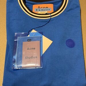Acne Blue Crewneck with Yellow and Black Stripe Collar